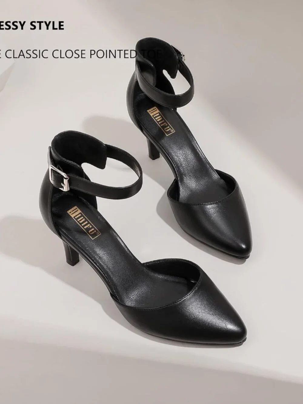 Women's Black Pu Pumps Low Kitten Heels Pointed Closed Toe Shoes Strap